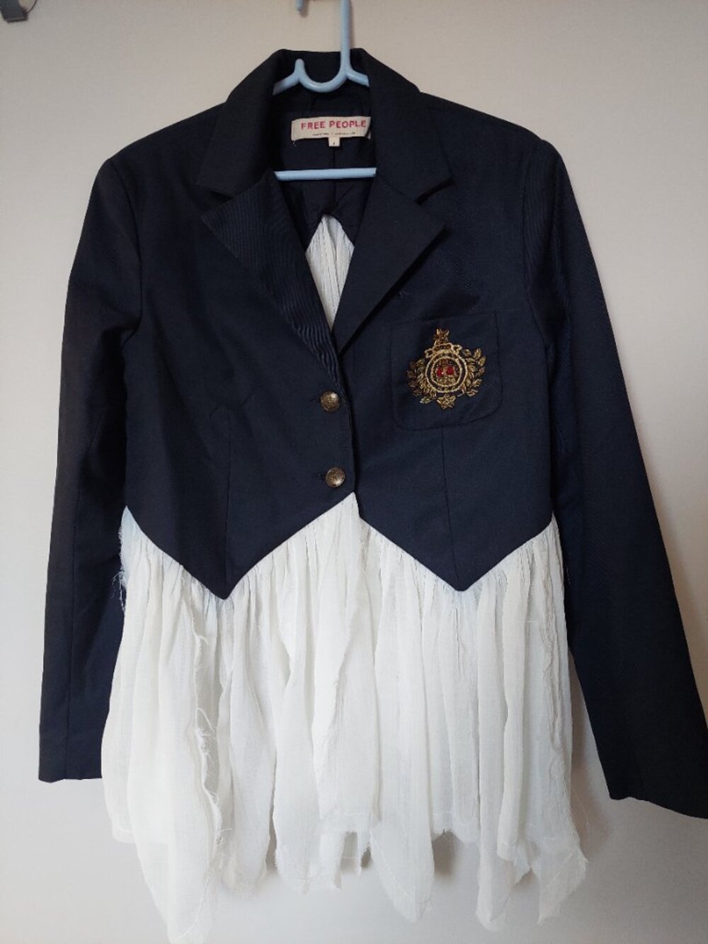 Free People Women's Sz S Ballet School Blazer Embroider Patch Navy - Picture 3 of 9